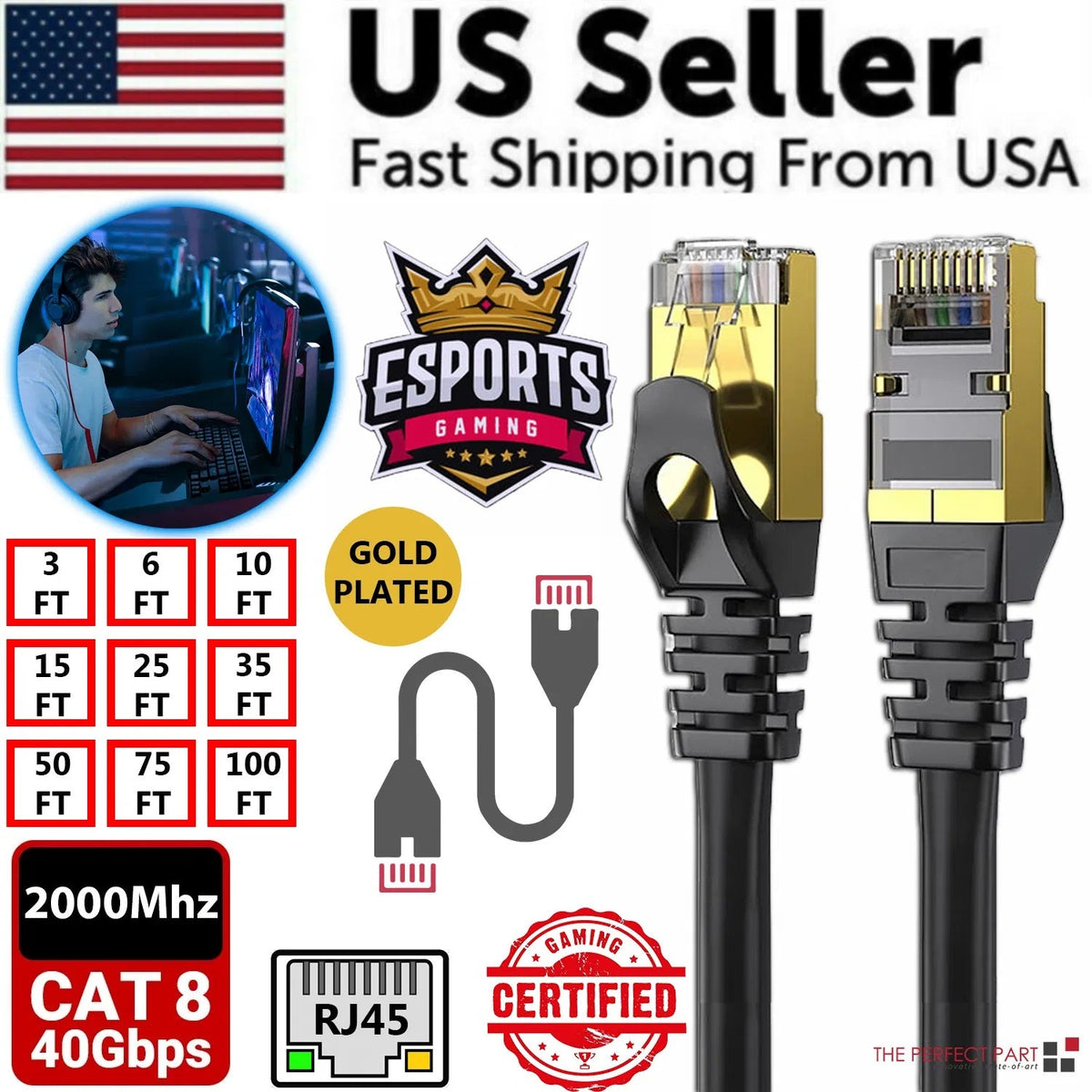 Gold Plated Cat8 Ethernet Cable Super Speed 40Gbps Patch LAN Network