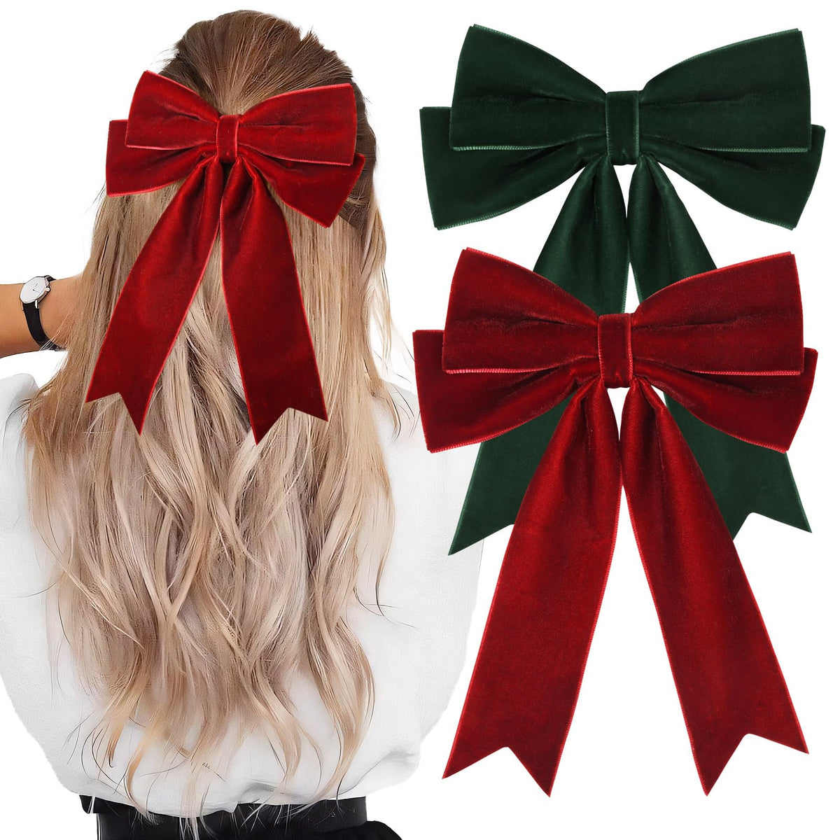 Velvet Hair Bows Set (Green and Red)